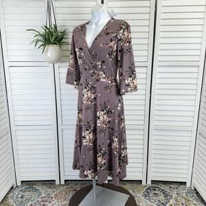 New Stevie Hender Mauve Floral Faux Wrap‎ Dress Soft 3/4 Sleeve Boho Size L